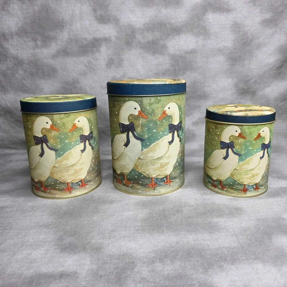 3 PC Nesting Metal Canister Set Goose Cottagecore Country Farmhouse Vtg 1980s